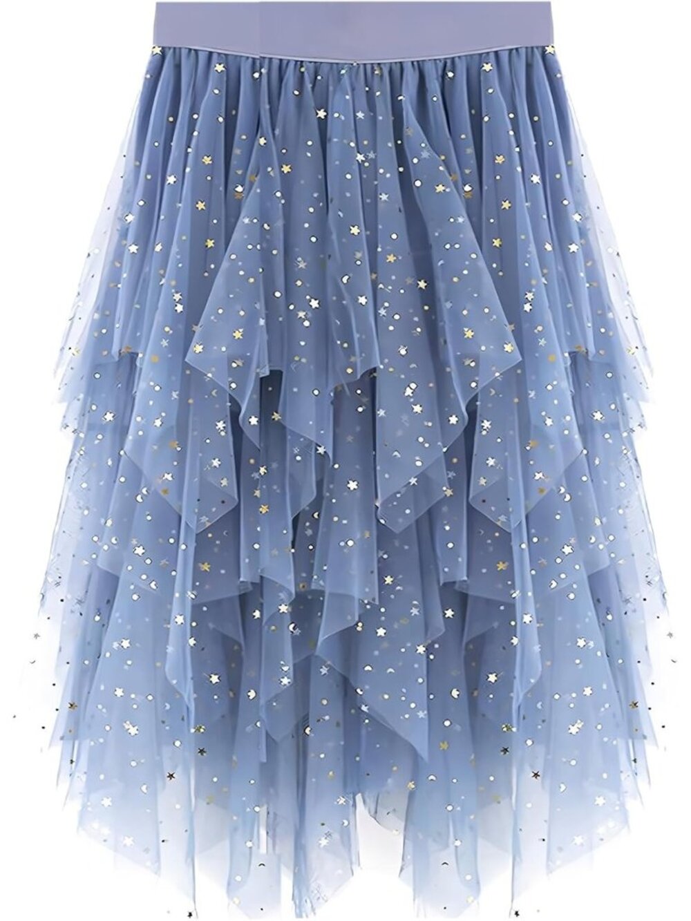 Women Grey Blue Squin High Waist Layered Tulle Mesh Ruffle Asymmetric Midi Skirt